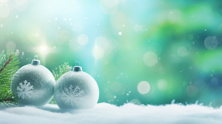 Christmas background with snow and christmas baubles on bokehの素材