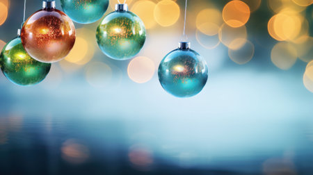 Christmas baubles on bokeh background with copyspaceの素材