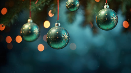 Christmas background with bokeh lights and baubles on fir branchesの素材