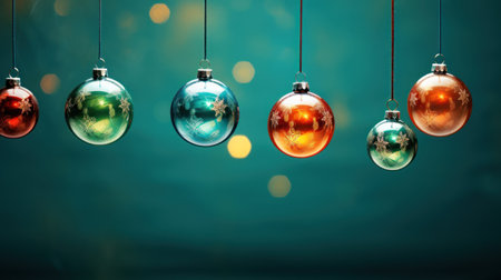 Colorful christmas balls hanging on green background with bokehの素材