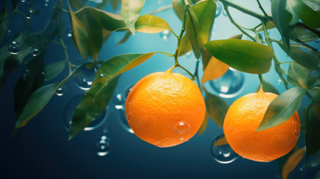 Ripe tangerines with leaves and water drops on blue backgroundの素材