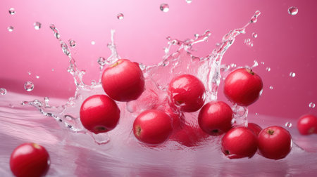Cranberries in splashes of water on a pink background.の素材