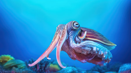 Octopus on the coral reef. Underwater world. 3d illustrationの素材