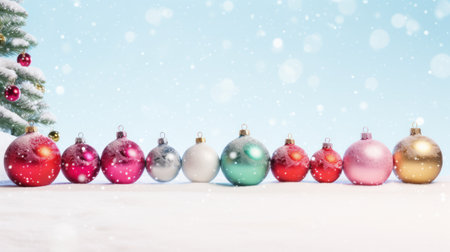 Christmas background with colorful baubles and snowflakes. Copy space.の素材