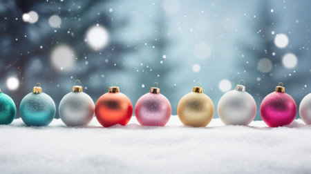 Colorful christmas baubles on snow with bokeh backgroundの素材