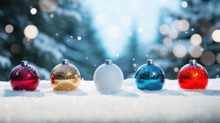 Colorful christmas baubles on snow with bokeh backgroundの素材