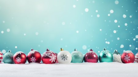 Christmas background with baubles and snowflakes on blue backgroundの素材