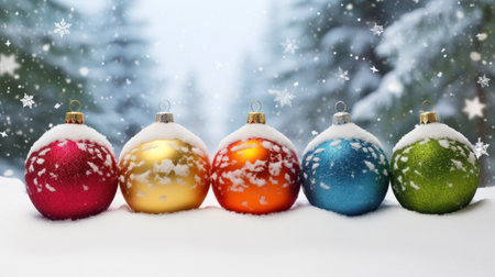 Colorful christmas balls in snow with bokeh background.の素材