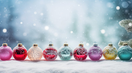 Colorful christmas baubles on snow with bokeh backgroundの素材