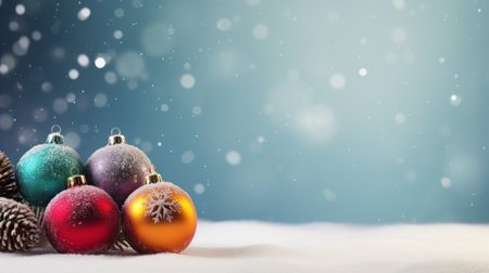 Christmas baubles on snow with bokeh background. 3D illustration.の素材