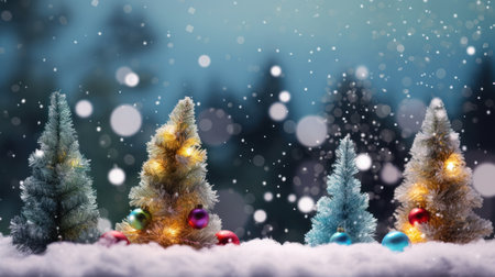 Christmas tree in snow with bokeh background. 3D rendering.の素材