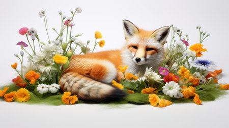Red fox and flowers, isolated on white background. Studio shot.の素材