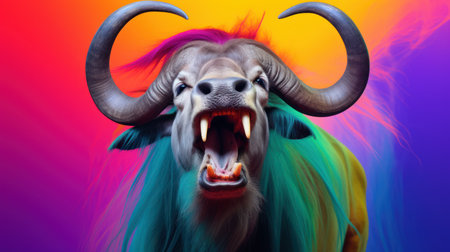Fantasy portrait of a buffalo with horns on a colorful background.の素材