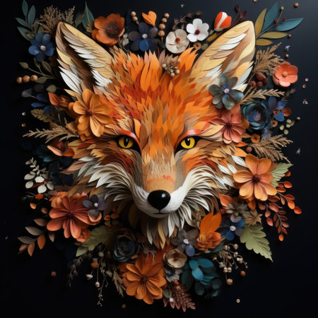 Beautiful fox face with flowers and leaves on black background, top viewの素材