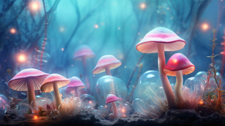 Fantasy landscape with magic mushrooms in the forest. 3d illustrationの素材