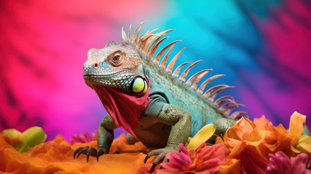 Iguana on a colorful background. Close-up portrait.の素材