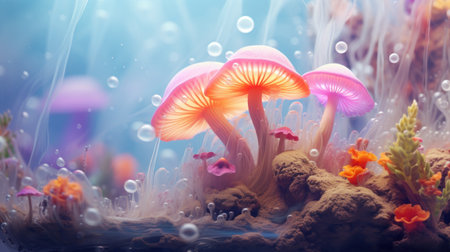 Underwater world with beautiful corals and mushrooms. 3d renderingの素材