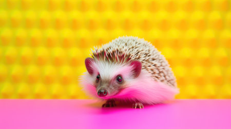 Hedgehog on the background of a yellow and pink wall.の素材