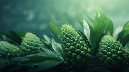 Fresh pineapple fruits with green leaves on dark background. Tropical fruit.の素材