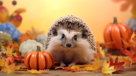 Hedgehog with pumpkins and fall leaves on a wooden tableの素材