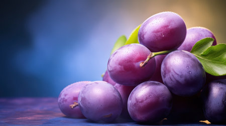 Ripe purple plums on a blue background. Selective focus.の素材