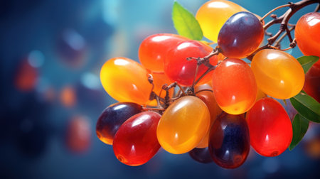 Close up of red, orange and yellow grapes on dark blue backgroundの素材