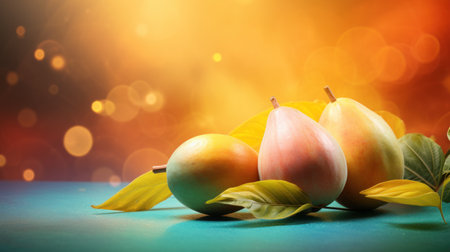 Pears and mango fruits on green background with bokeh.の素材