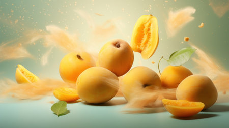 Fresh ripe apricots with leaves flying on color background with copy spaceの素材