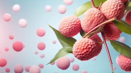 Fresh lychee fruit with leaves and pink balls on blue backgroundの素材