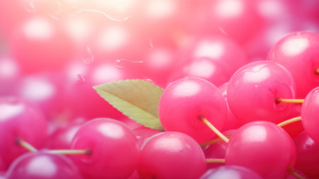 Cherry berry background. Red cherry with green leaves on a blurred backgroundの素材