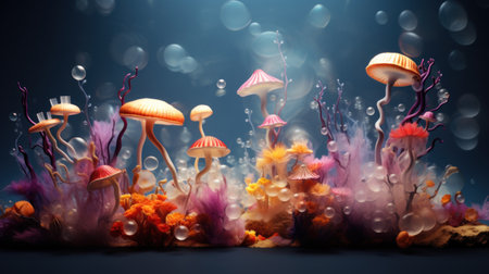 Underwater world with magic mushrooms and bubbles. 3d illustration.の素材