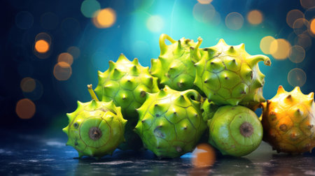 Fruits of the soursop on a dark background with bokehの素材