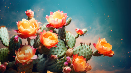 Beautiful cactus flower on blue sky background. Vintage style.の素材