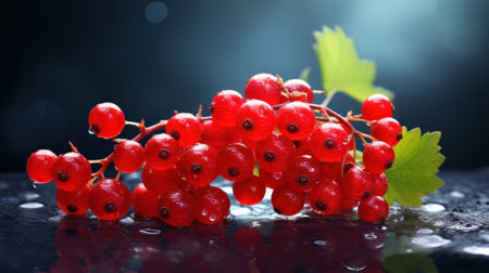 Red currant on a black background with drops of water, close-upの素材