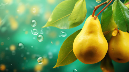 Fresh pears on the branch with drops of water on a green backgroundの素材