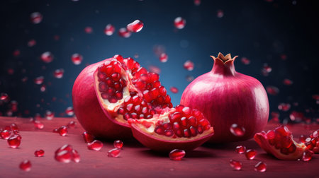 Ripe pomegranate fruit with drops on dark background.の素材