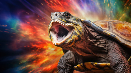 Turtle with open mouth on a background of fire and smoke.の素材