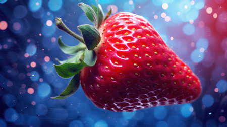 strawberry on blue background with bokeh defocused lightsの素材