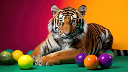 Tiger and easter eggs on green table. Colorful background.の素材