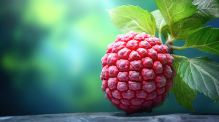 Ripe raspberry with green leaves on table against blurred background. Space for textの素材