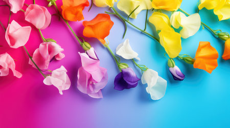 Colorful sweet pea flowers on rainbow background, close-upの素材