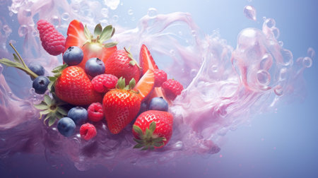 Strawberries, blueberries and raspberries on abstract backgroundの素材