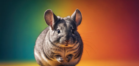 Funny gray chinchilla on a colorful background. Close-up.の素材