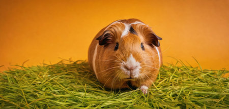 Guinea pig on green grass with orange background. Studio shot.の素材
