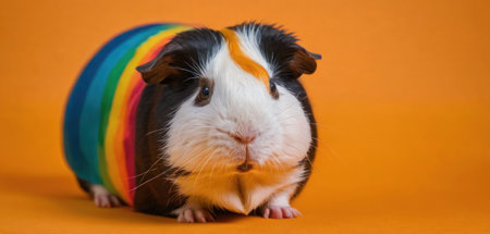 guinea pig with rainbow on orange background, studio shot, close upの素材