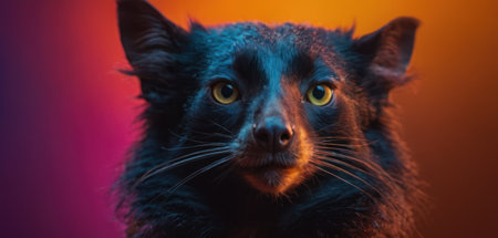 Portrait of a black cat with yellow eyes on a colored backgroundの素材