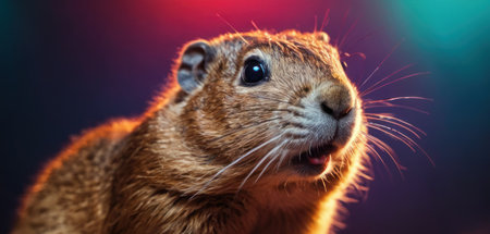 Close-up portrait of a ground squirrel on a dark background.の素材