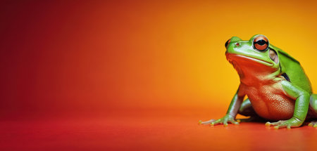 Green frog on a red background with space for text or image.の素材