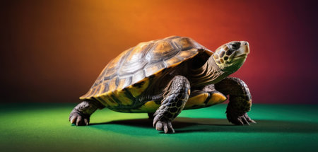 turtle on a green background in the studio on a dark backgroundの素材