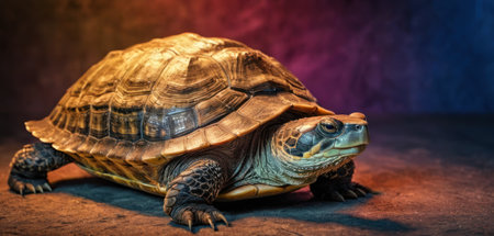 African spurred tortoise, Geochelone sulcata, on dark backgroundの素材